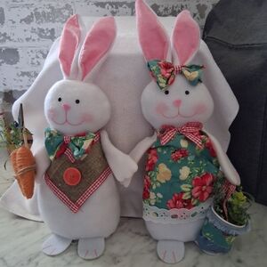 White & Pink Plush Easter Bunny Duo with Floral Accents